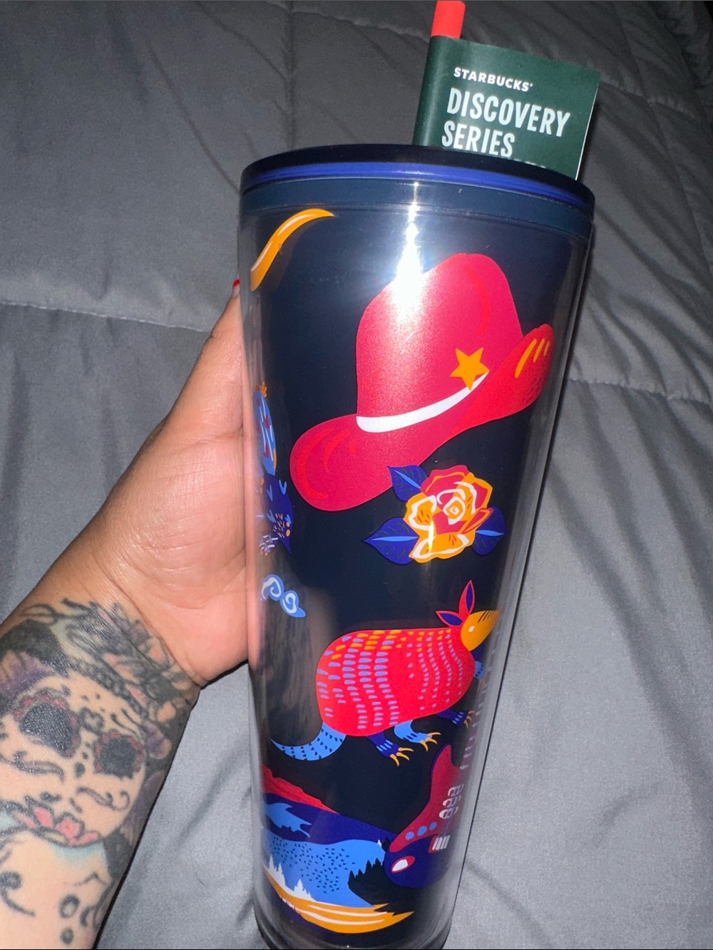 Starbucks Navy Tumbler with Red, Yellow and Blue Fiesta Graphics